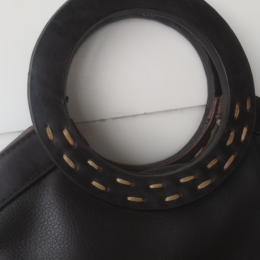 Vintage Liz Claiborne Crazy Horse  Round Handle Faux Leather Bag, Dark Brown - Picture 8 of 15